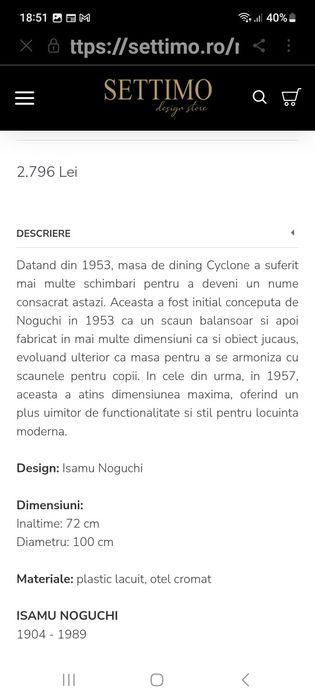 Masa Cyclone designer Noguchi cu blat marmura