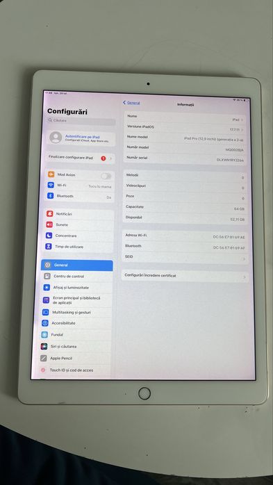 Ipad pro mare 12.9 inch, gold , apple model A1670 wifi,  gen 2 2017 ecran retina 120 hz folie mată  si husa silicon cadou