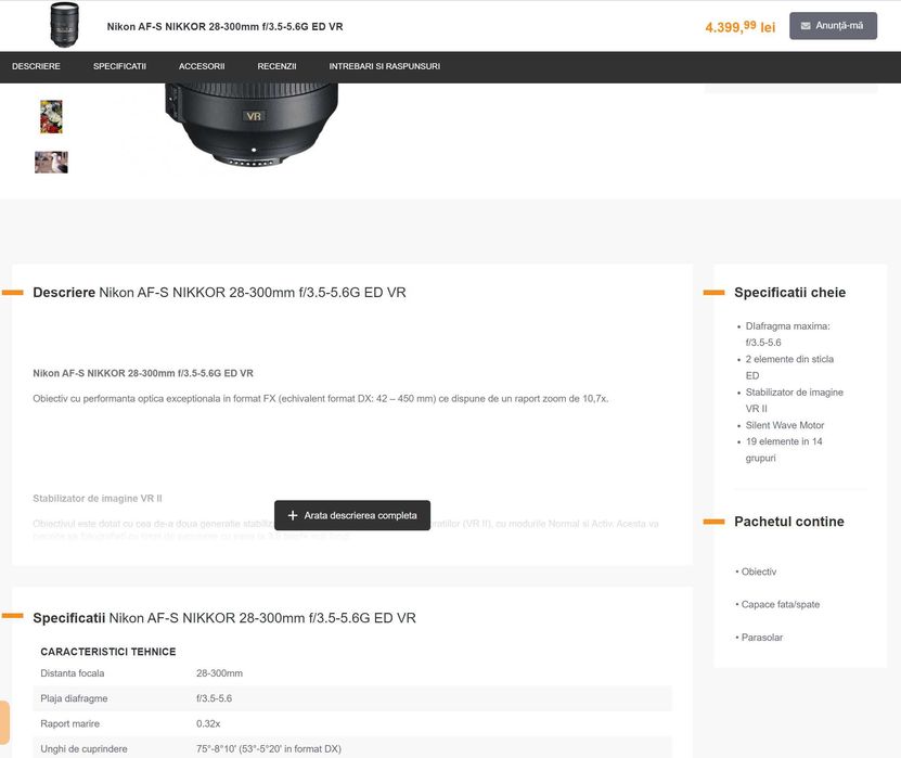 Obiectiv Nikon NIKKOR 28 - 300mm f3.5-5.6G ED VR Nikon stabilizare, impecabil