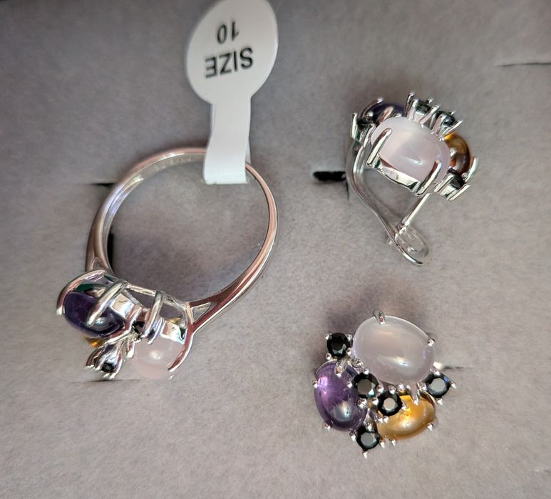 Сребърен комплект от естетствен розов кварц,аметист и цитрин