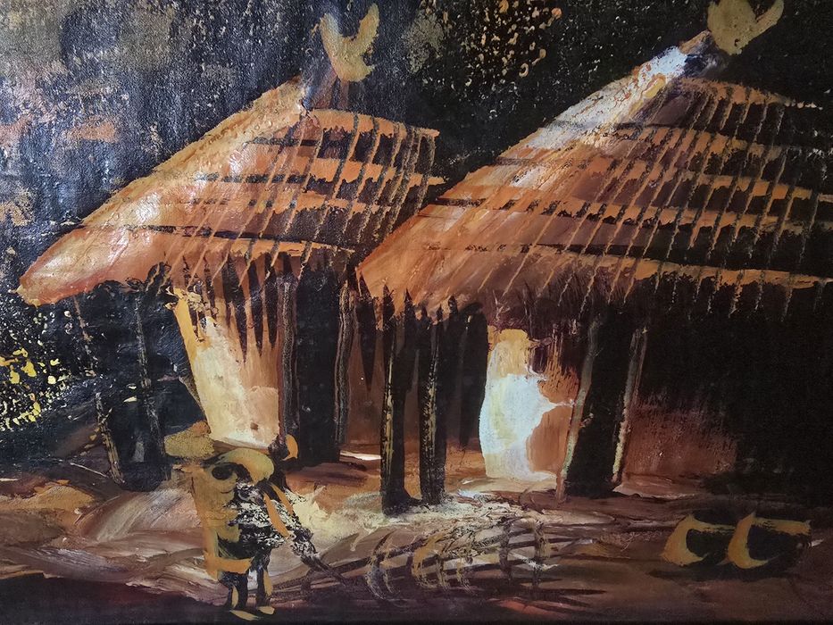 Оригинална африканска картина – Ръчно рисуван пейзаж, маслени бои (XX век)