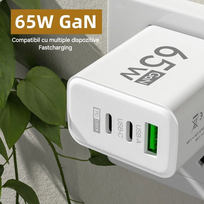 Încărcător GaN 65W. 2UsbC+1Usb. Fastcharge. Compatibil Android/Iphone