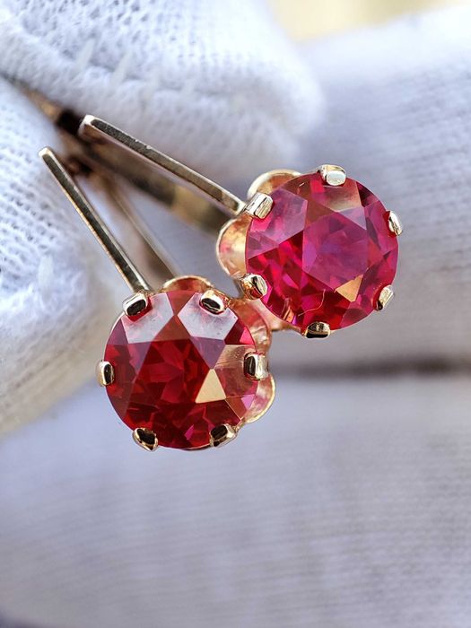 Cercei Aur 14K 583 Rusia Rusesti Rusesc Cercei Retro Cu Rubelit