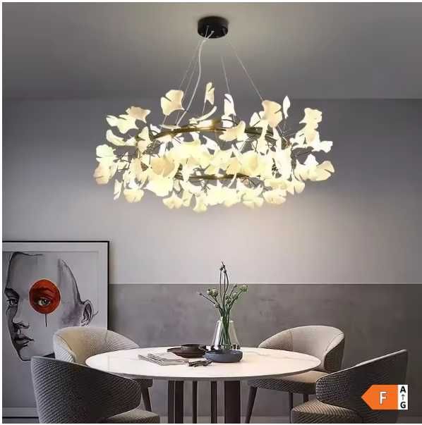 Lustra eleganta pentru living, cu frunze de Ginkgo din acril, 8 brate