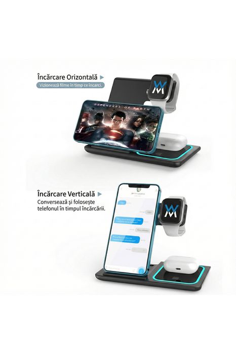 Statie Incarcare Wireless 3-in-1 Pliabila Wyred by Monga Qi 15W Negru