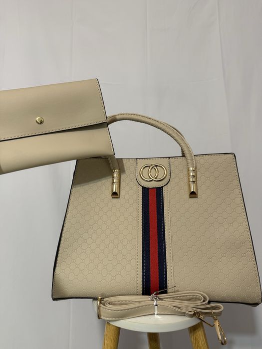 Geanta piele naturala bej cu portofel