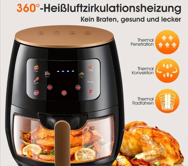 Friteuza cu aer cald cu touch smart 1400 de W, negru, nou