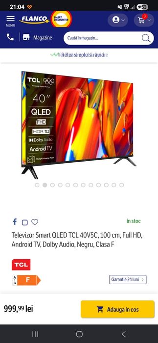 Smart TV QLED TCL 40V5C, 100 cm, Full HD, Android TV, Dolby Audio