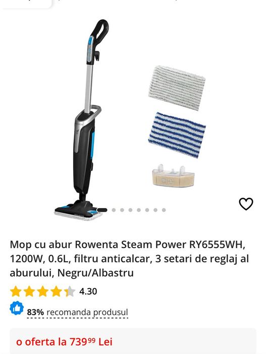 Mop cu abur Rowenta Steam Power RY6555WH, 1200W, 0.6L, filtru anticalc