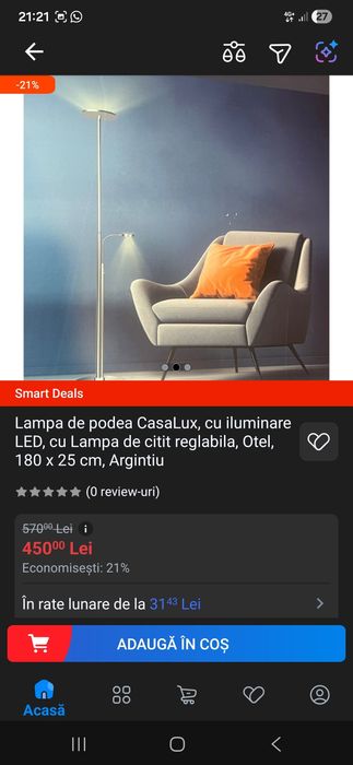 Lampa de podea CasaLux, cu iluminare LED, cu Lampa de citit reglabila,