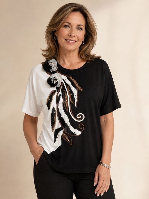 Bluza de vară din tricot fin (jerse), cu vâscoză, alb cu negru