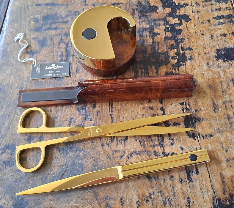 нож и ножица комплект Лерхе Lerche Солинген Solingen злато и лак