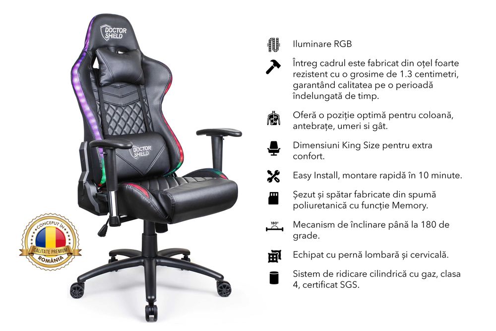 Scaun Gaming Profesional Dr.Shield Solar X, Iluminare RGB