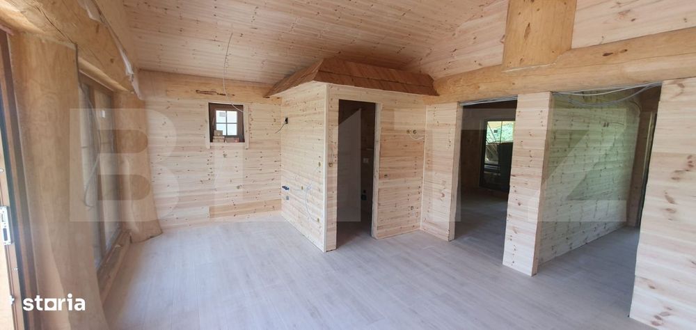 Casa moderna din lemn 3 camere, 60 mp, utilata, mobilata, zona Plaiu S