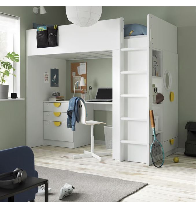 Pat supraetajat IKEA SMÅSTAD cu birou și dulap (90x200)