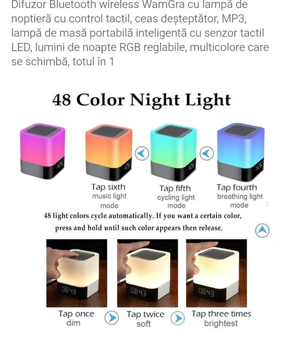 Lampă de noptieră cu ceas deșteptător, difuzor Bluetooth, lumină de no