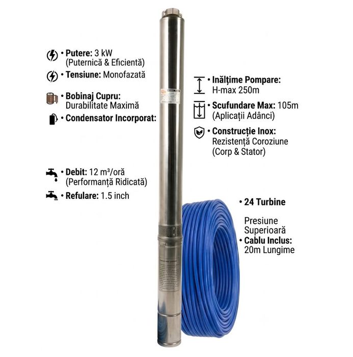 Pompa submersibila 3KW, 24 Turbine, monofazata, H-250m, debit 12m3/ora