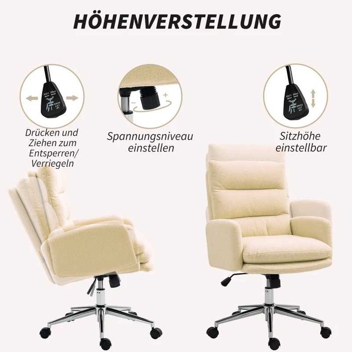 Офис стол HOMCOM, тапициран стол за бюро, функция накланяне, въртящ се