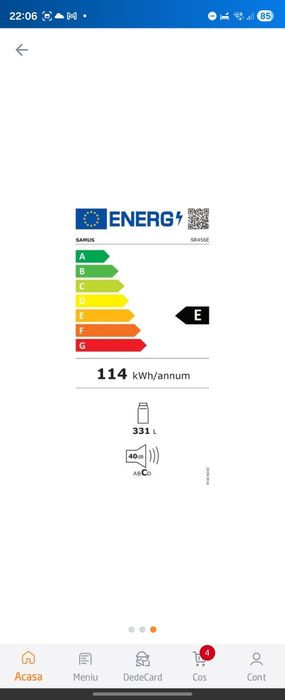 Frigider- Racitor Samus SR456E, 331l, Clasa E, Alb