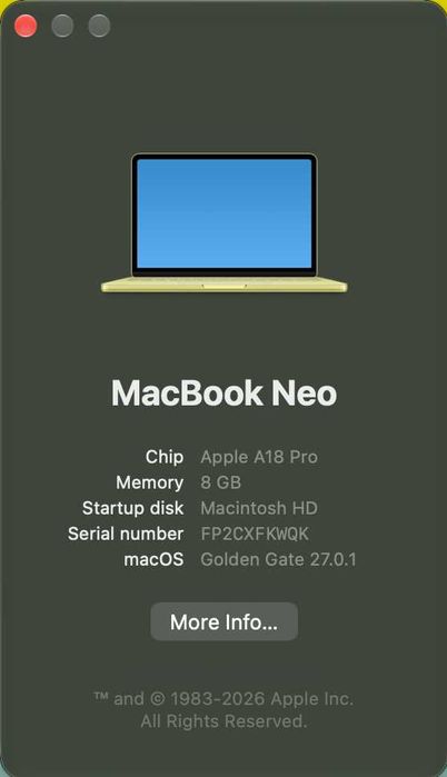 MacBook Neo TouchID, 8 GB RAM / 512 GB SSD impecabil