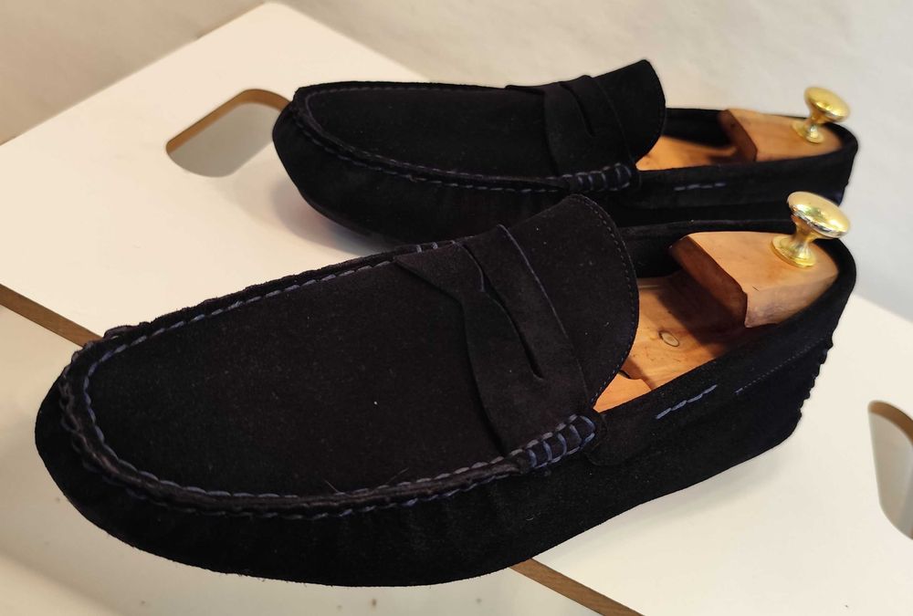 Pantofi mocasini casual 44 slip on Lav Atigianale piele naturala moale albastru