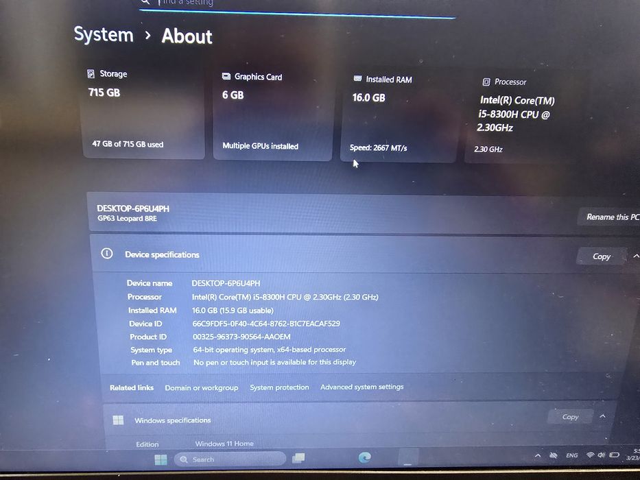 Геймърски лаптоп MSI GP63- i5,16gb, GTX 1060