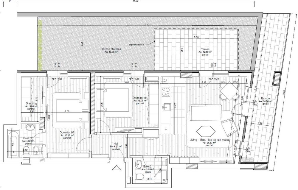 3 camere cu terasă panoramică 55 mp tip Penthouse – Vivalia - Centru