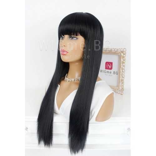 Дълга права черна перука с бретон Амбър