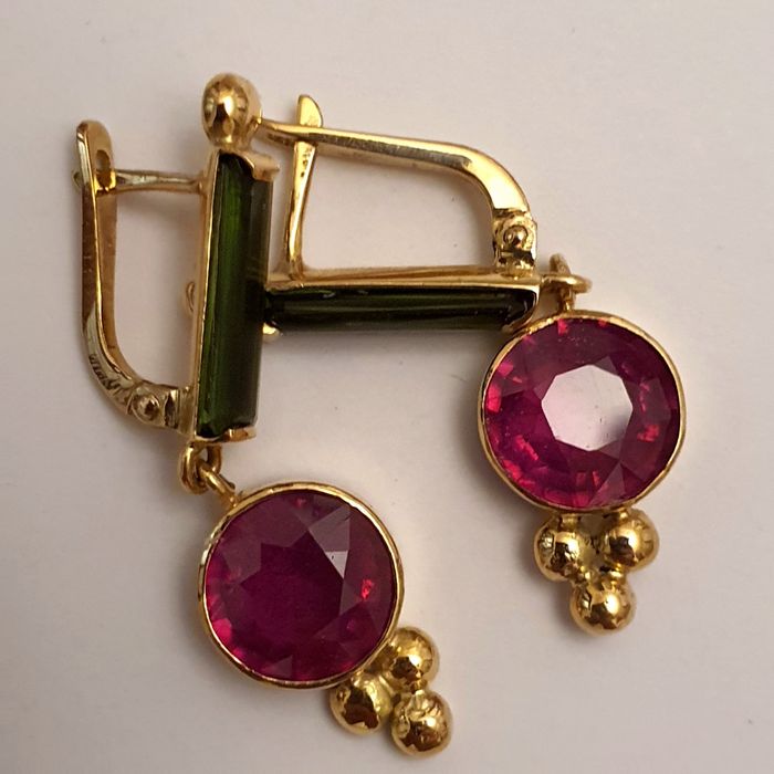 cercei unicat aur 14k cu rubine si turmaline naturale