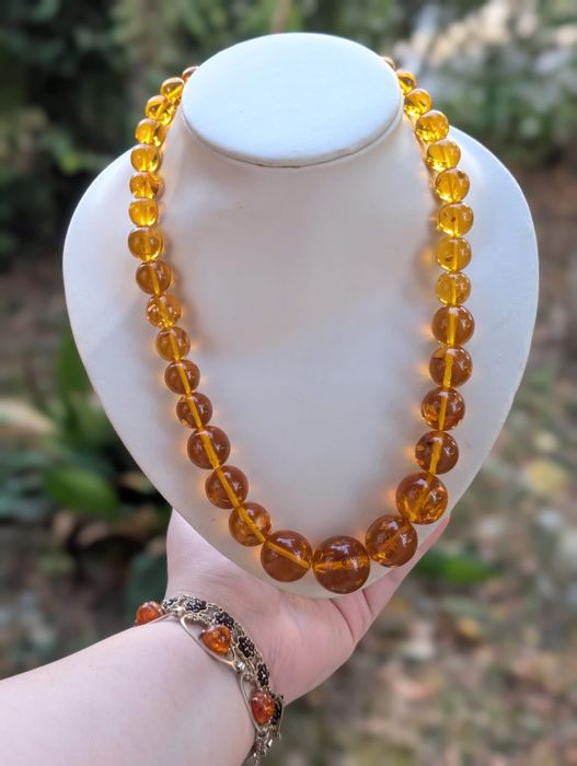 Vechi colier lant din chihlimbar baltic natural nuanta mierii, rotunde