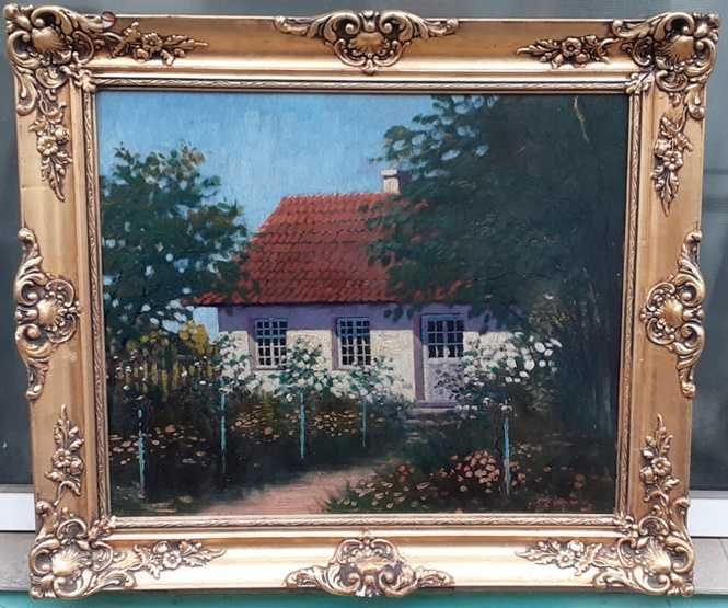 Tablou vechi - casa si gradina - semnat Verona