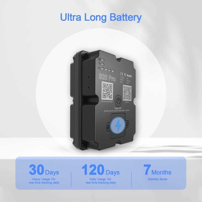 4G GPS тракер S20 Pro, 7500mAh супер батерия до 30 дни, подходящ за животни и автомобили, включена предплатена СИМ, силен магнит