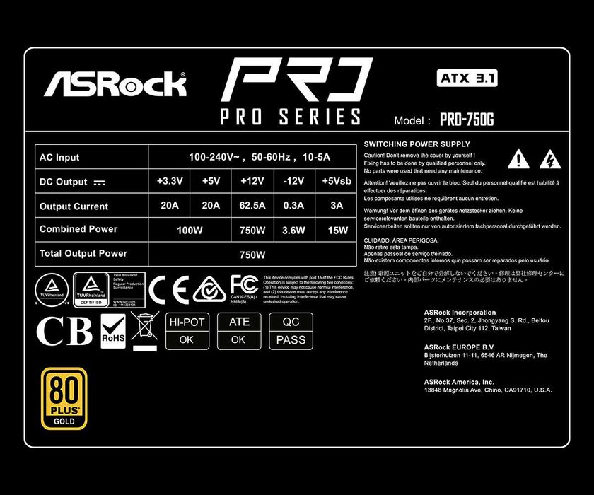 Блок питания ASRock PRO-750G 750W 80+ Gold ATX 3.1 (PCIe 5.1)