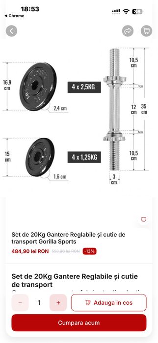 Gantere reglabile noi set 20 kg. 10 kg+10 kg=20 kg+Geanta pret 300 lei