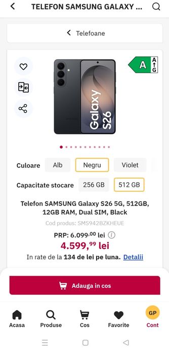 Telefon SAMSUNG Galaxy S26 5G, 512GB, 12GB RAM, Dual SIM, Black Sigilat cu garanție 2 ani
