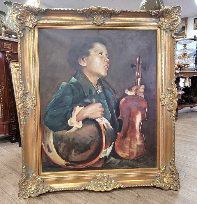 Pictură pe pânză- Portret de Băiat cu Vioară și Tamburină