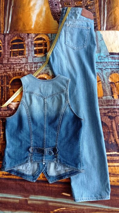 Сет от дамско елече и панталон от памучен деним, с подарък  шал