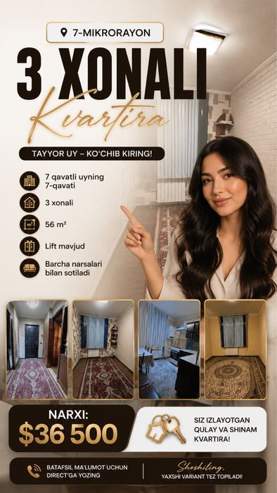 3 xonali 7 mkr dan kvartira srochna sotiladi