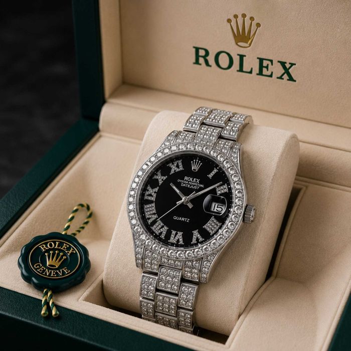 Сребрист дамски часовник Rolex стил с черен циферблат