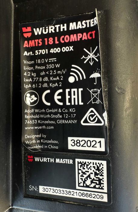 Wurth AMTS 18 L Compact M-Cube - Акумулаторна прахосмукачка 18V
