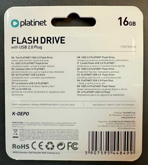 Stick memorie USB 2.0 K-DEPO Platinet - 16 GB - Breloc - Metalic