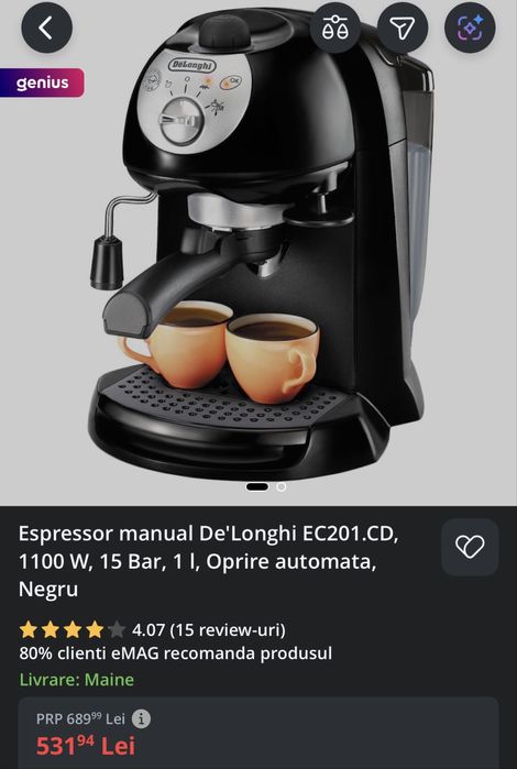 Esspresor manual De longhi EC201.CD 1100W  OPRIRE AUTOMATA