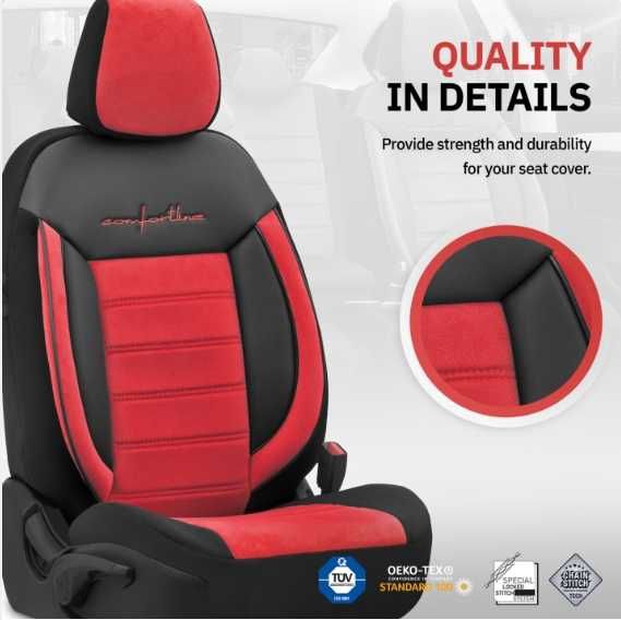 Луксозна тапицерия OTOM текстил с еко кожа COMFORT LINE Design – Червено-Черна с червен шев