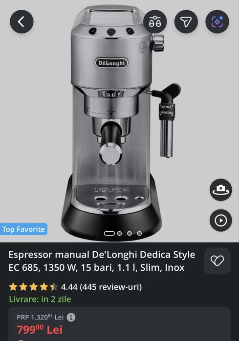 DeLonghi Dedica style espressor manual 15 bari, 1300w