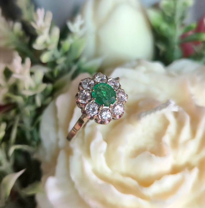Inel din perioada edwardiana din aur de 14K cu smarald si diamante naturale