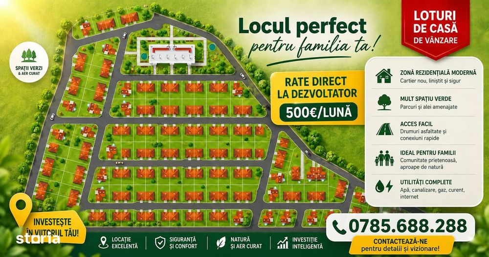 Teren de construit 586mp în RATE LA DEZVOLTATOR 500e/luna