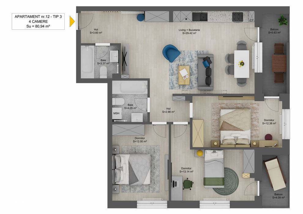 Apartament spațios cu 4 camere –DIRECT DEZVOLTATOR