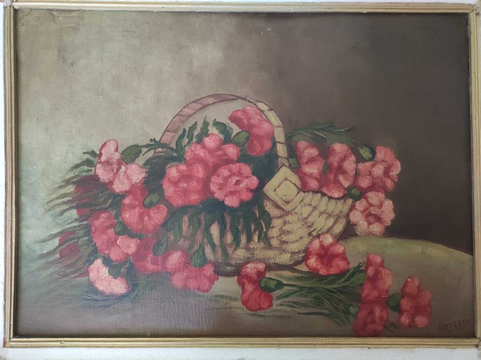 tablou original, cos cu garoafe, 85 x 65 cm., inramat