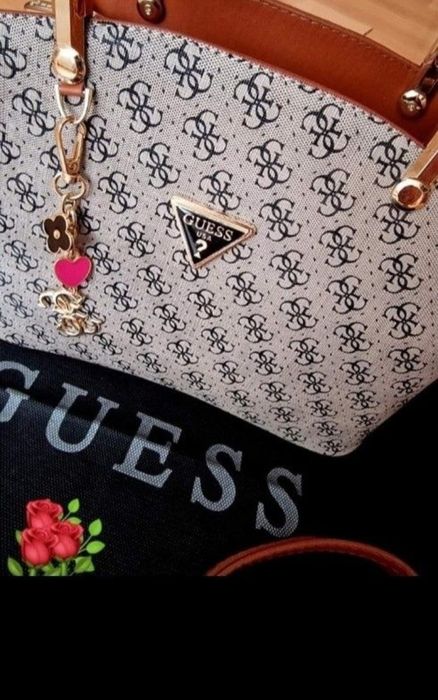 Geanta Guess,material textil,insertii piele, logo metalic, saculet