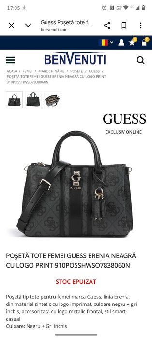 Poșetă tote femei Guess Erenia neagră cu logo print 910POSSHWSO7838060N